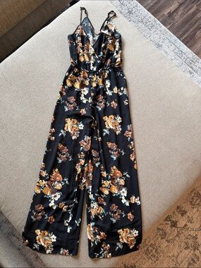 Black Floral Wide-Leg Jumpsuit with Spaghetti Straps